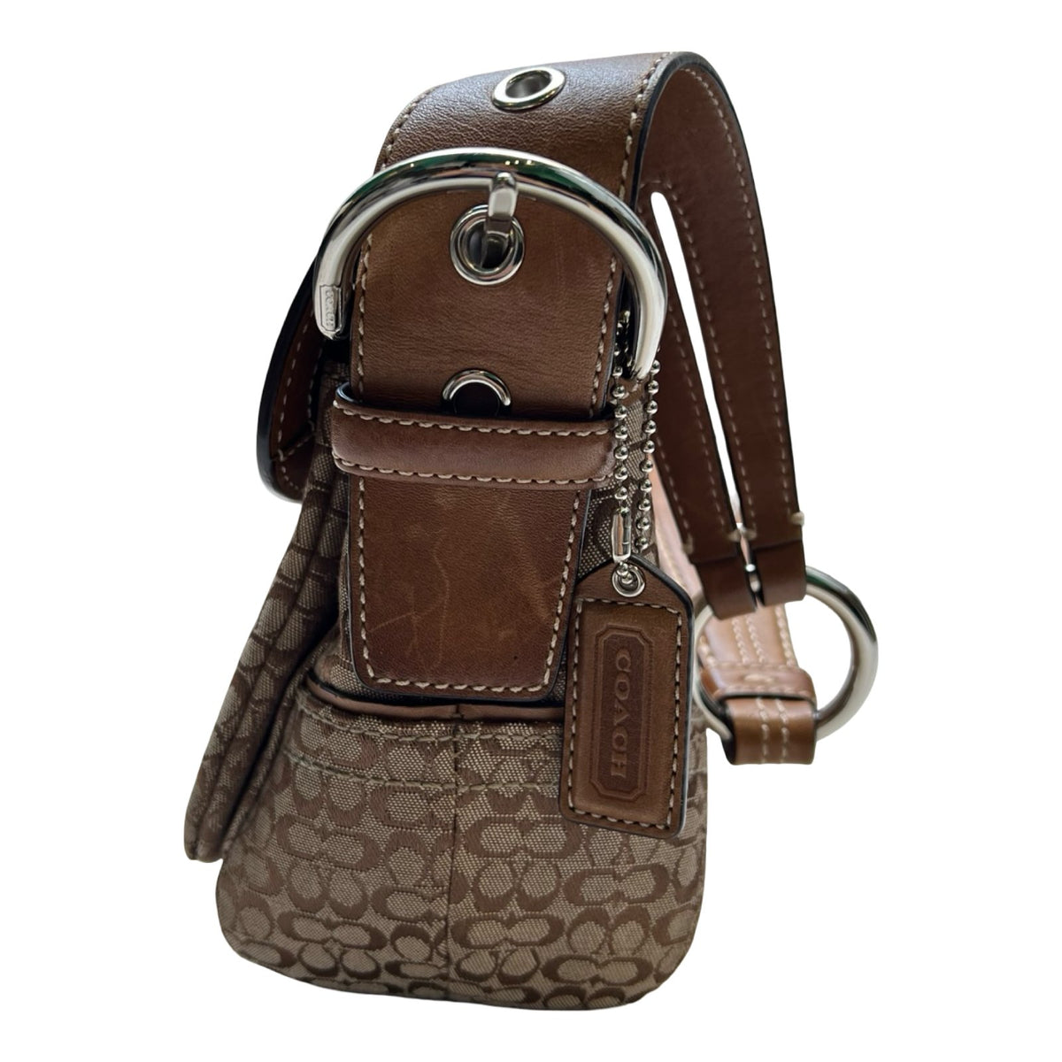 COACH Signature Canvas Signature Buckle Bag Shoulder Bag Brown Silver Hardware CO62