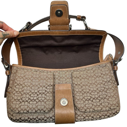 COACH Signature Canvas Signature Buckle Bag Shoulder Bag Brown Silver Hardware CO62
