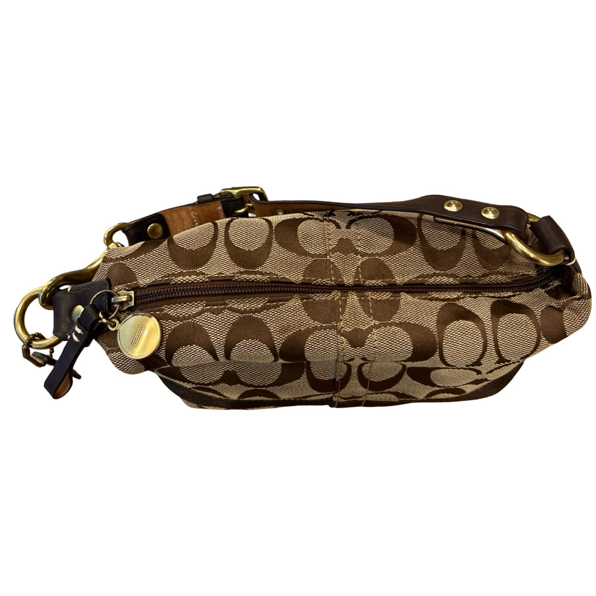 COACH Canvas Signature Pouch/Mini Bag Shoulder Bag Brown, Beige Gold Hardware Co75