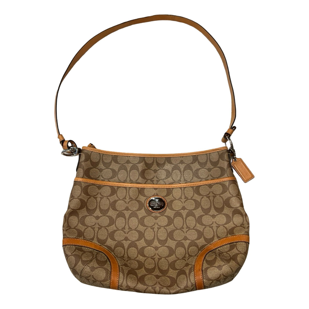 COACH Canvas/Leather Signature Hobo Shoulder Bag Brown, Tan Silver Hardware CO41