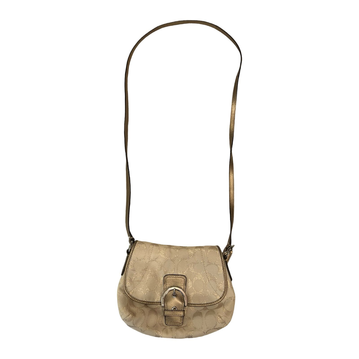 COACH Canvas/Leather Signature SOHO Flap Shoulder Bag Gold, Beige Silver Hardware CO57