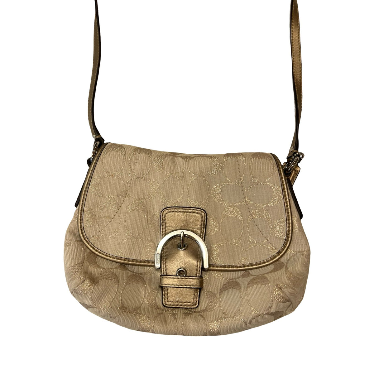 COACH Canvas/Leather Signature SOHO Flap Shoulder Bag Gold, Beige Silver Hardware CO57