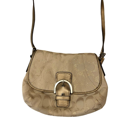 COACH Canvas/Leather Signature SOHO Flap Shoulder Bag Gold, Beige Silver Hardware CO57