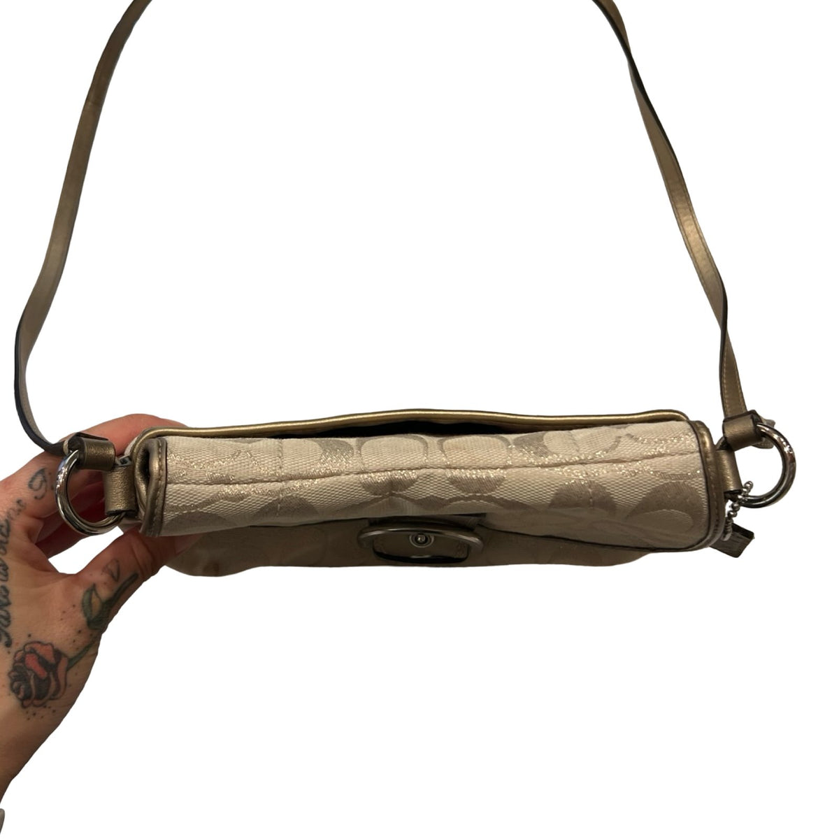 COACH Canvas/Leather Signature SOHO Flap Shoulder Bag Gold, Beige Silver Hardware CO57