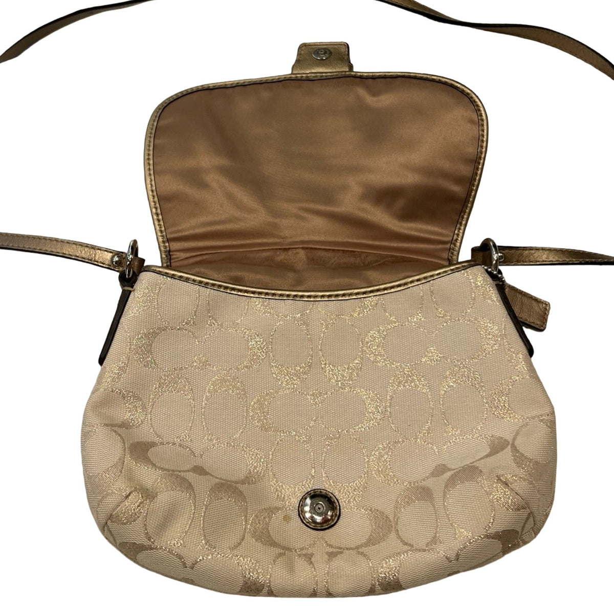 COACH Canvas/Leather Signature SOHO Flap Shoulder Bag Gold, Beige Silver Hardware CO57