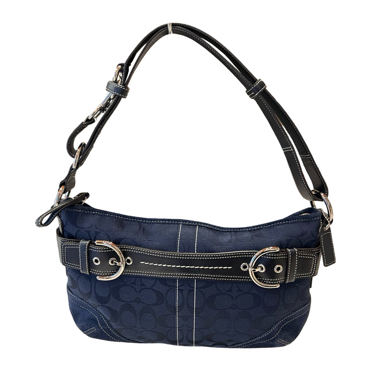 COACH Jacquard and Suede Hamptons Buckle Shoulder Bag Shoulder Bag Navy Blue, Black Silver Hardware CO80