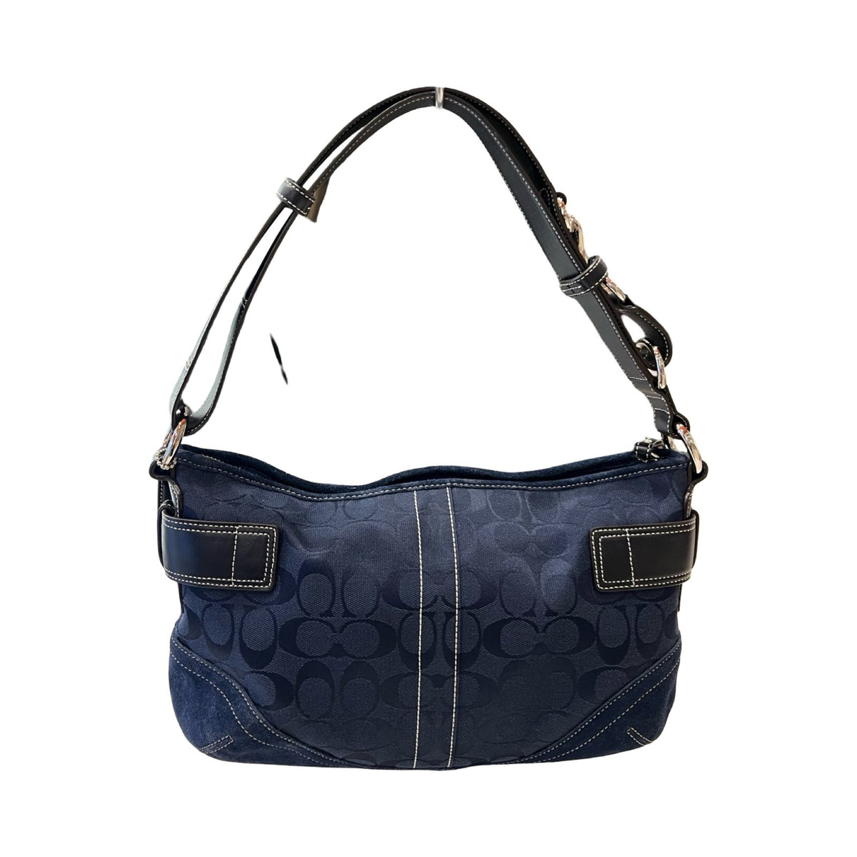COACH Jacquard and Suede Hamptons Buckle Shoulder Bag Shoulder Bag Navy Blue, Black Silver Hardware CO80
