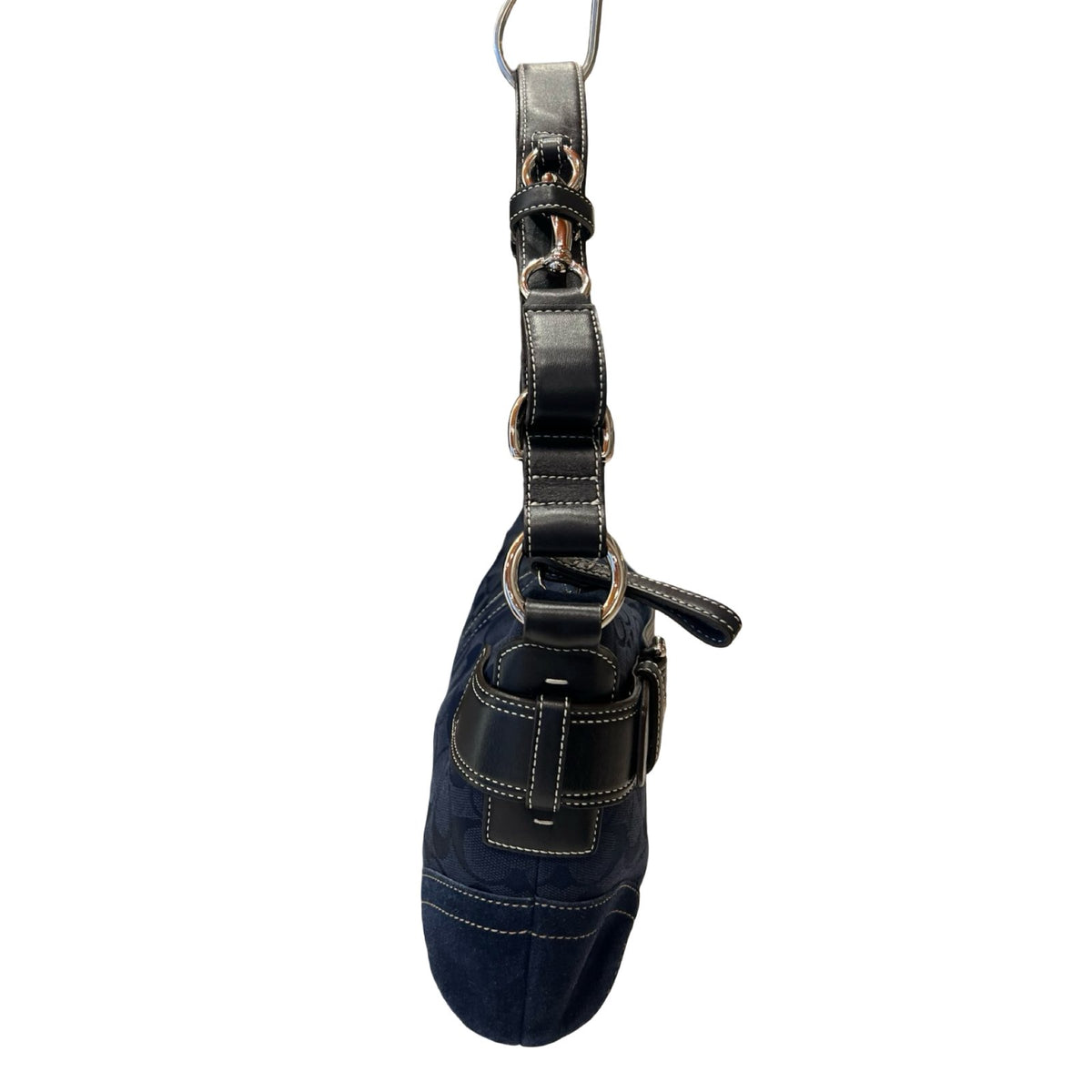 COACH Jacquard and Suede Hamptons Buckle Shoulder Bag Shoulder Bag Navy Blue, Black Silver Hardware CO80