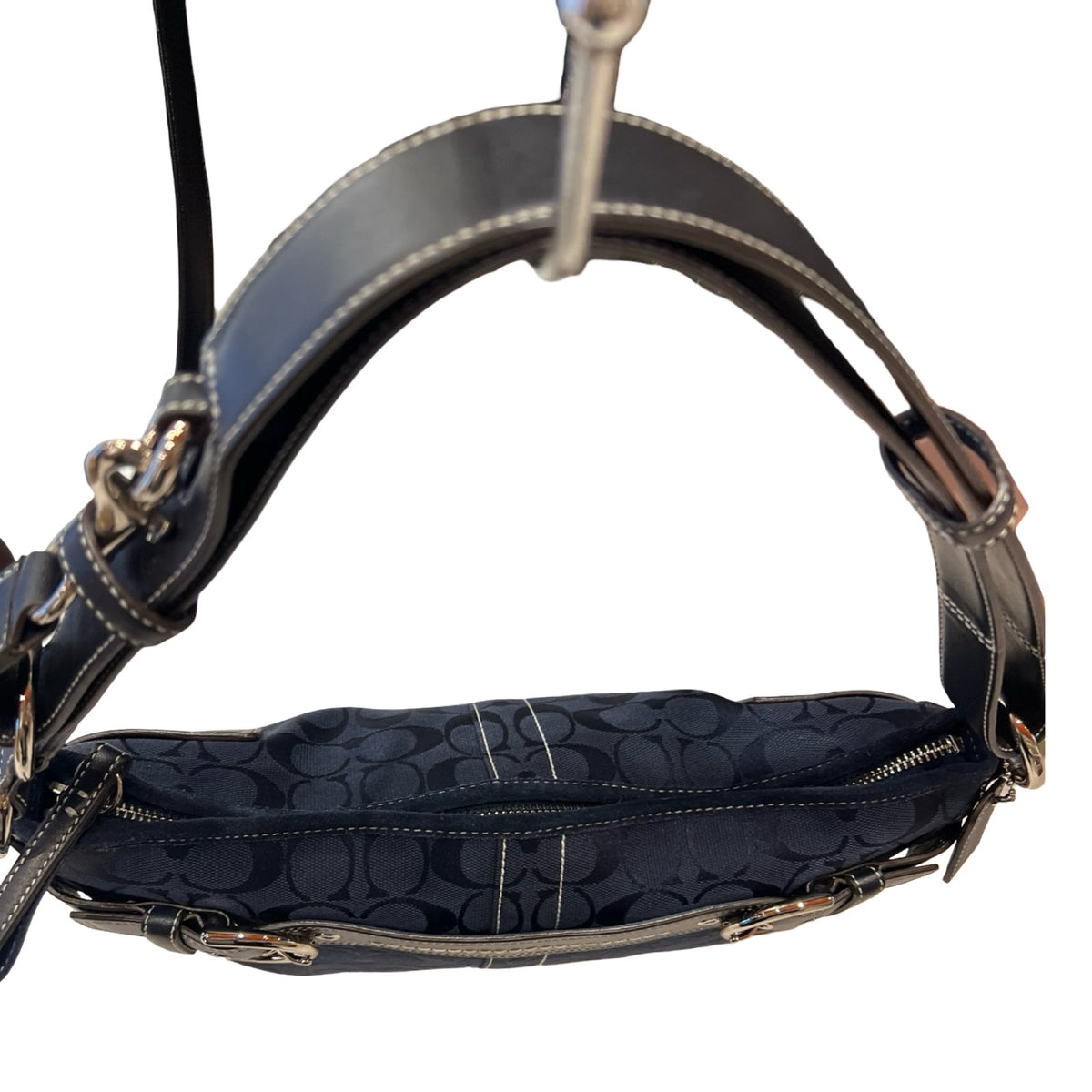 COACH Jacquard and Suede Hamptons Buckle Shoulder Bag Shoulder Bag Navy Blue, Black Silver Hardware CO80