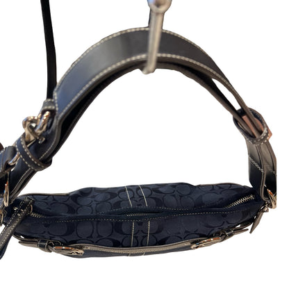 COACH Jacquard and Suede Hamptons Buckle Shoulder Bag Shoulder Bag Navy Blue, Black Silver Hardware CO80