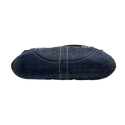 COACH Jacquard and Suede Hamptons Buckle Shoulder Bag Shoulder Bag Navy Blue, Black Silver Hardware CO80