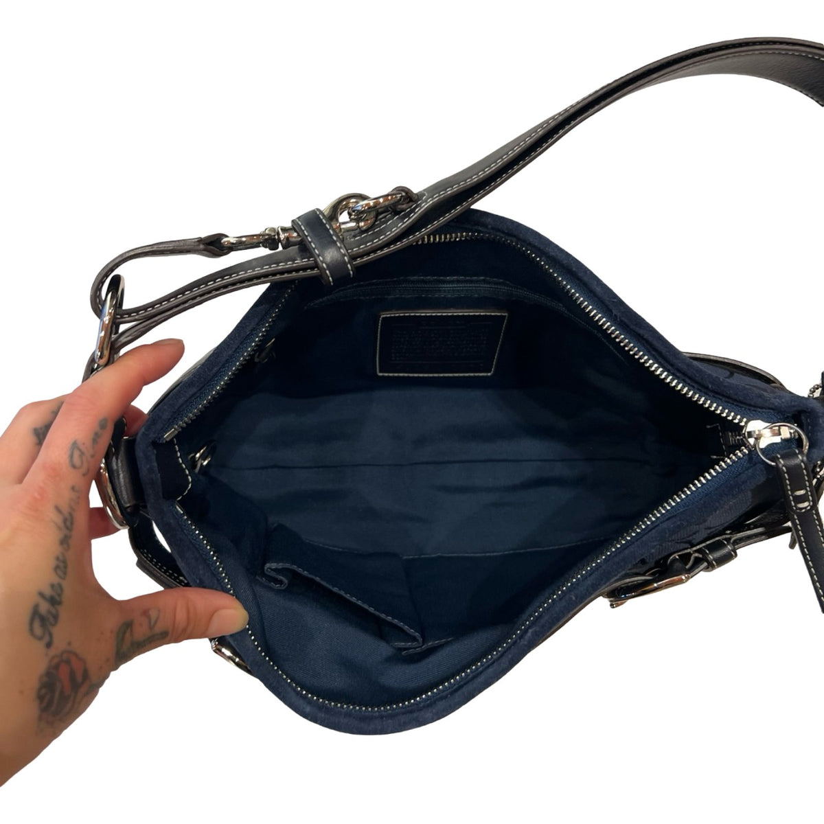 COACH Jacquard and Suede Hamptons Buckle Shoulder Bag Shoulder Bag Navy Blue, Black Silver Hardware CO80
