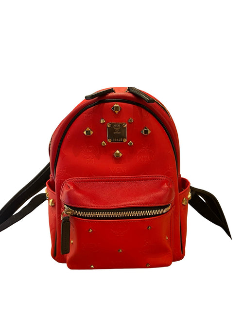 MCM Visetos Coated Canvas Stark Mini Backpack Backpack Red Gold Hardware MC173