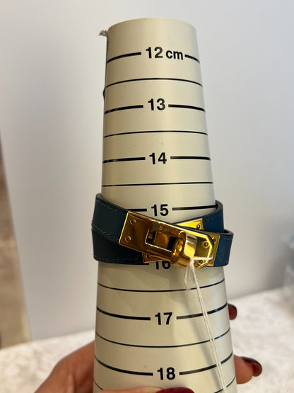HERMES Leather Kelly Double Tour Bracelet Blue Gold Hardware He498