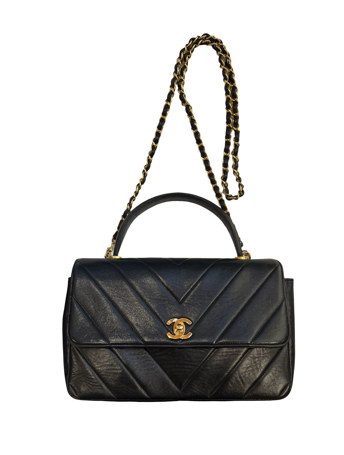 CHANEL Calfskin Coco Handle Handbag Black Gold Hardware Ch2295