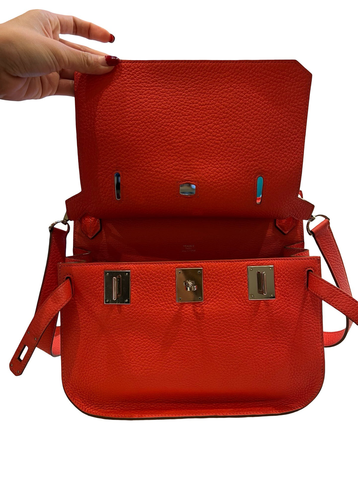 HERMES Clemence Kelly Danse Shoulder Bag Orange-Red Silver Hardware He496