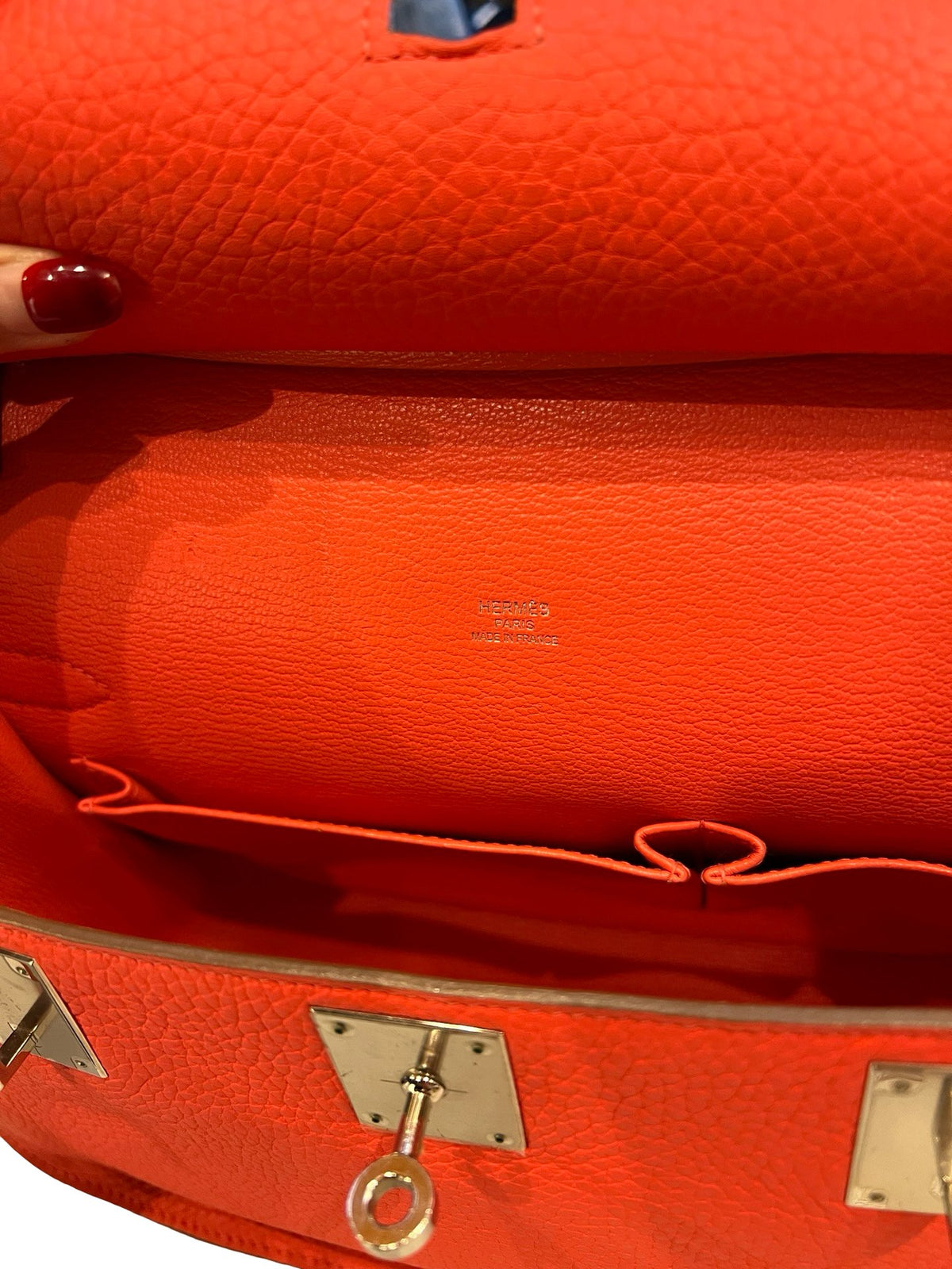 HERMES Clemence Kelly Danse Shoulder Bag Orange-Red Silver Hardware He496