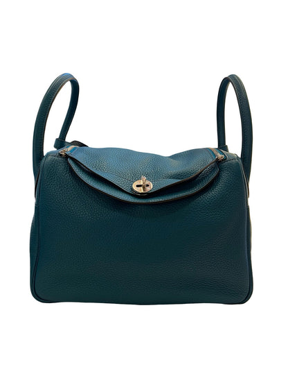 HERMES Clemence Lindy 30 Handbag Teal Blue Silver Hardware He497