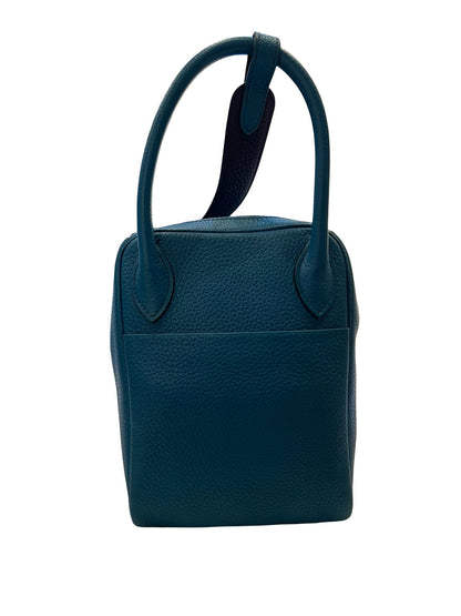 HERMES Clemence Lindy 30 Handbag Teal Blue Silver Hardware He497