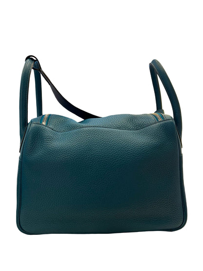 HERMES Clemence Lindy 30 Handbag Teal Blue Silver Hardware He497