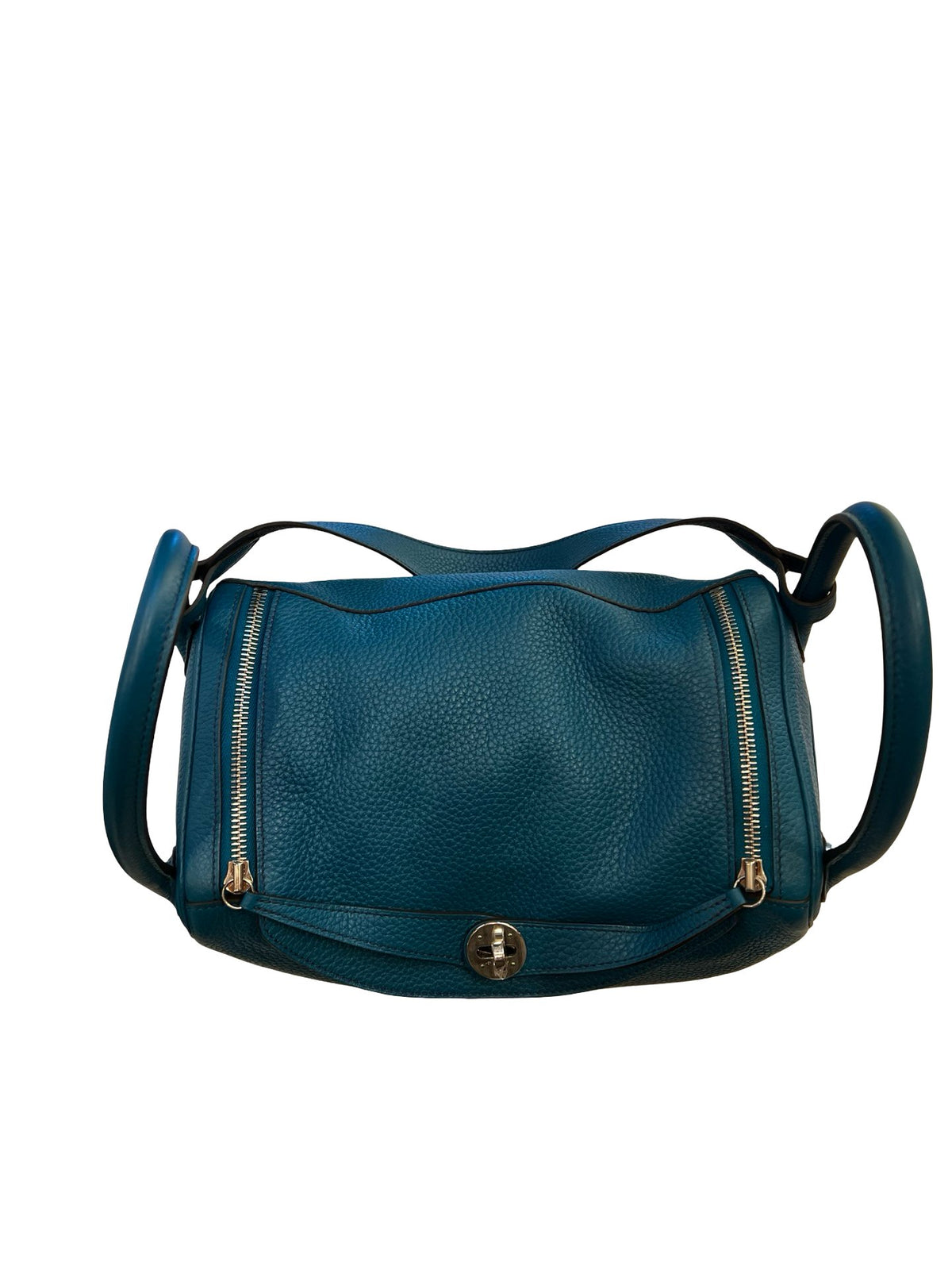 HERMES Clemence Lindy 30 Handbag Teal Blue Silver Hardware He497