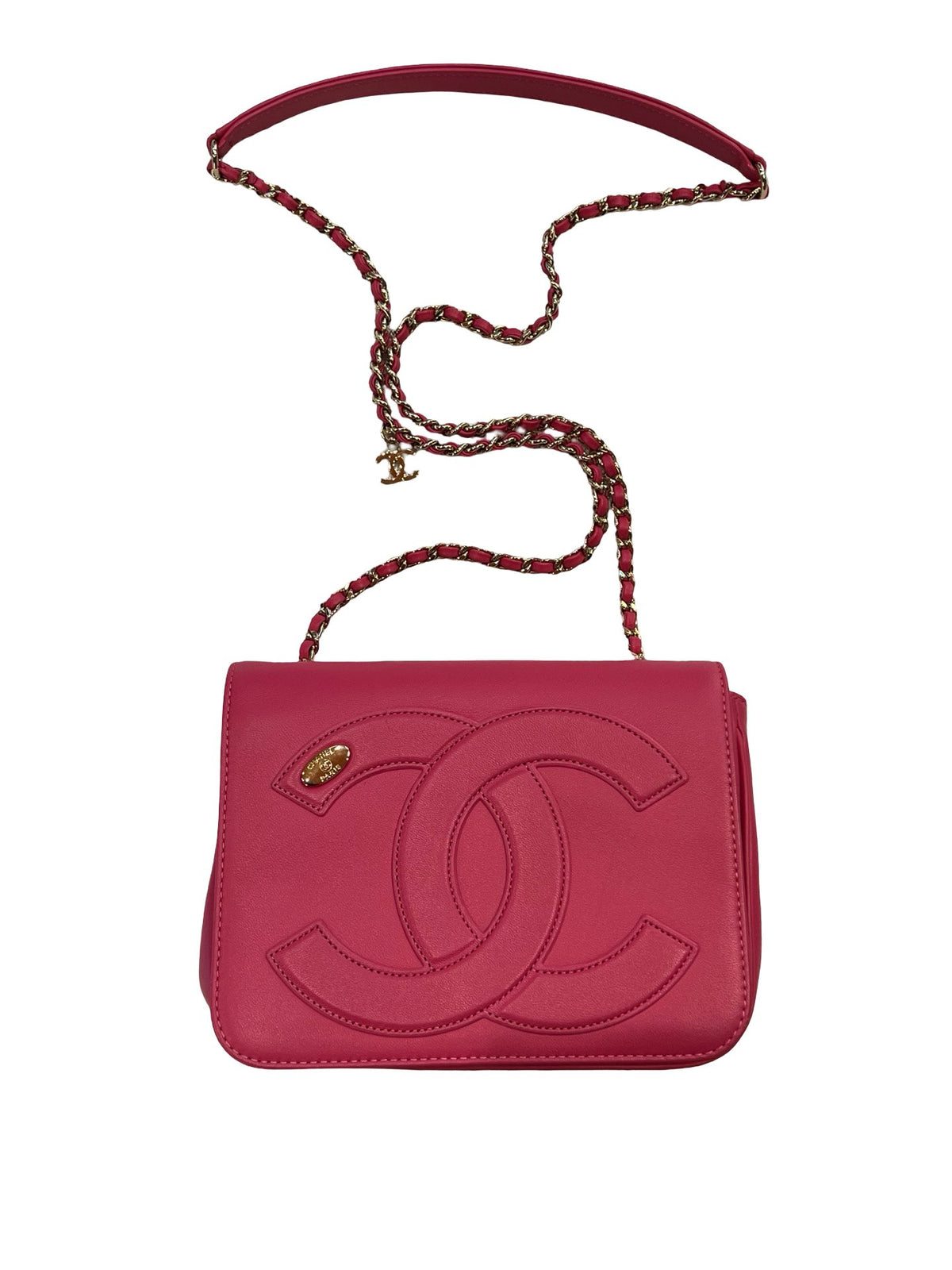 CHANEL Calfskin Embossed CC Flap Bag Shoulder Bag Fuchsia Gold Hardware Ch2297