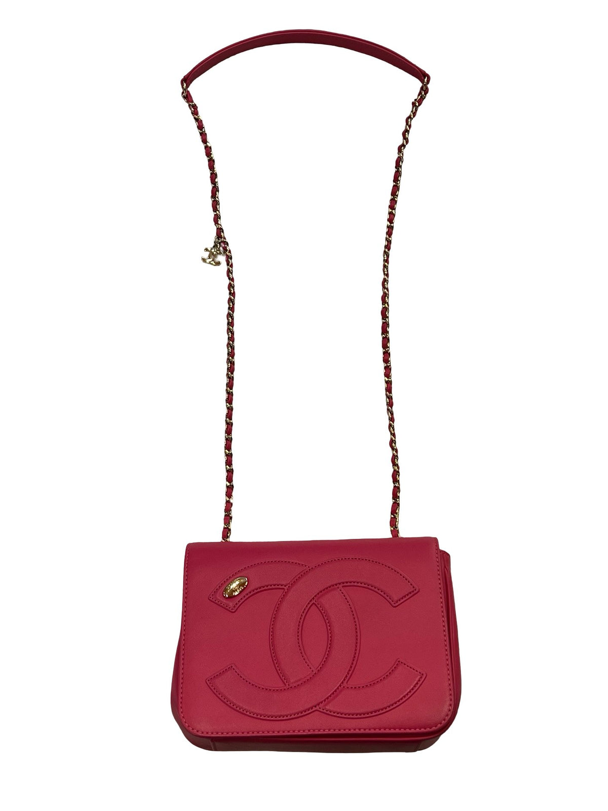 CHANEL Calfskin Embossed CC Flap Bag Shoulder Bag Fuchsia Gold Hardware Ch2297