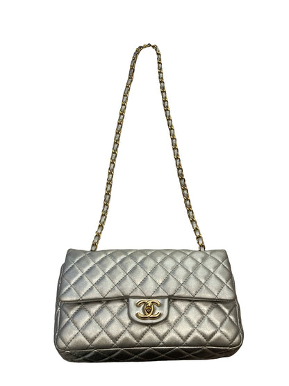 CHANEL Metallic Lambskin Classic Flap Shoulder Bag Silver Gold Hardware Ch2296