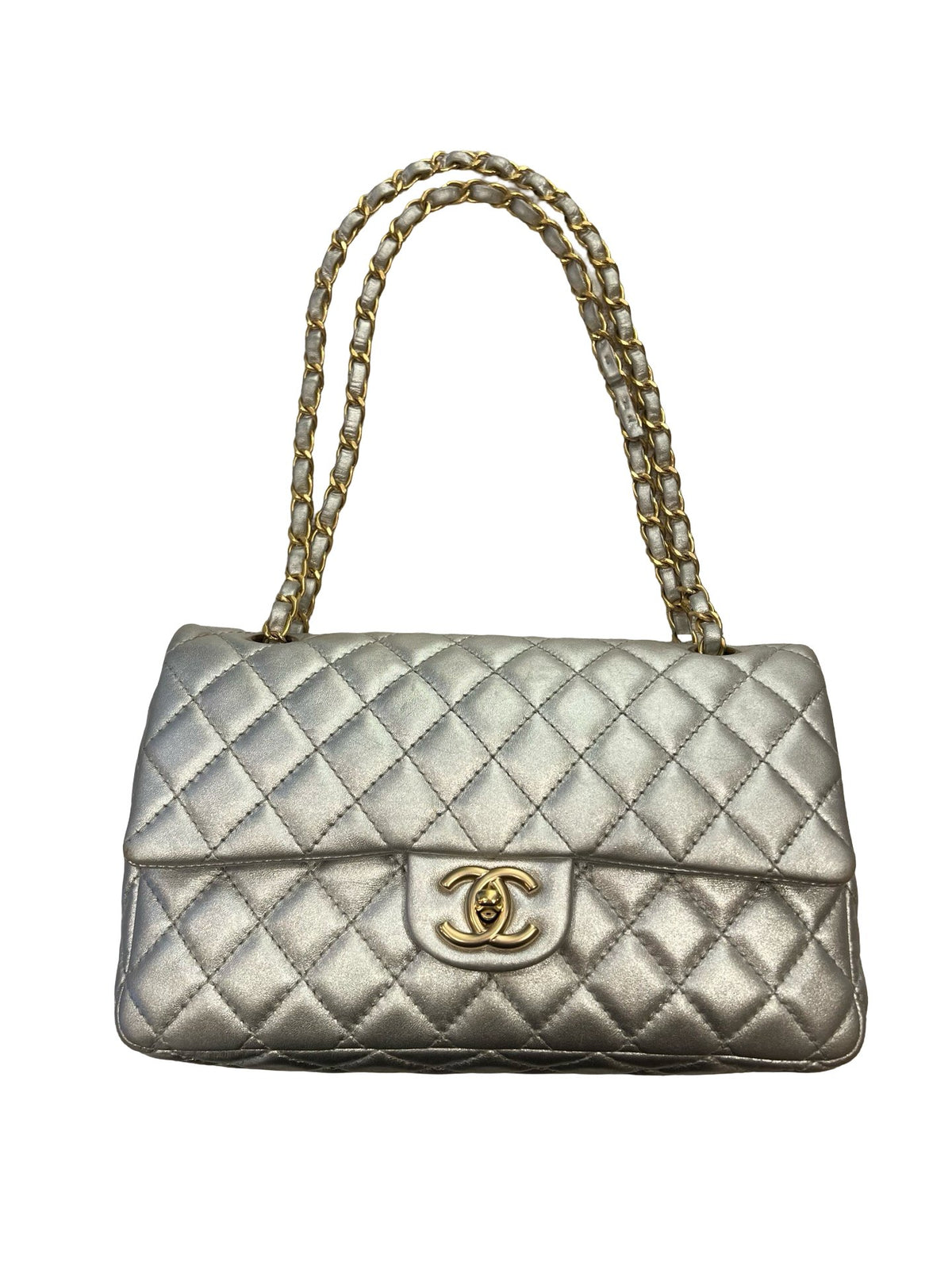 CHANEL Metallic Lambskin Classic Flap Shoulder Bag Silver Gold Hardware Ch2296