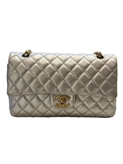 CHANEL Metallic Lambskin Classic Flap Shoulder Bag Silver Gold Hardware Ch2296