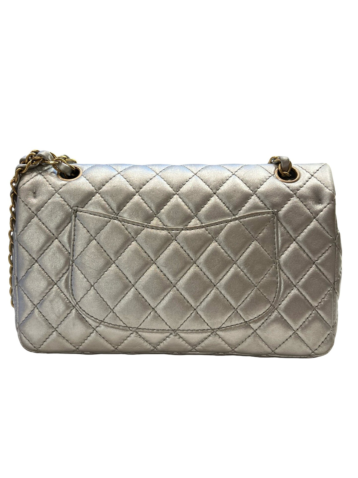 CHANEL Metallic Lambskin Classic Flap Shoulder Bag Silver Gold Hardware Ch2296