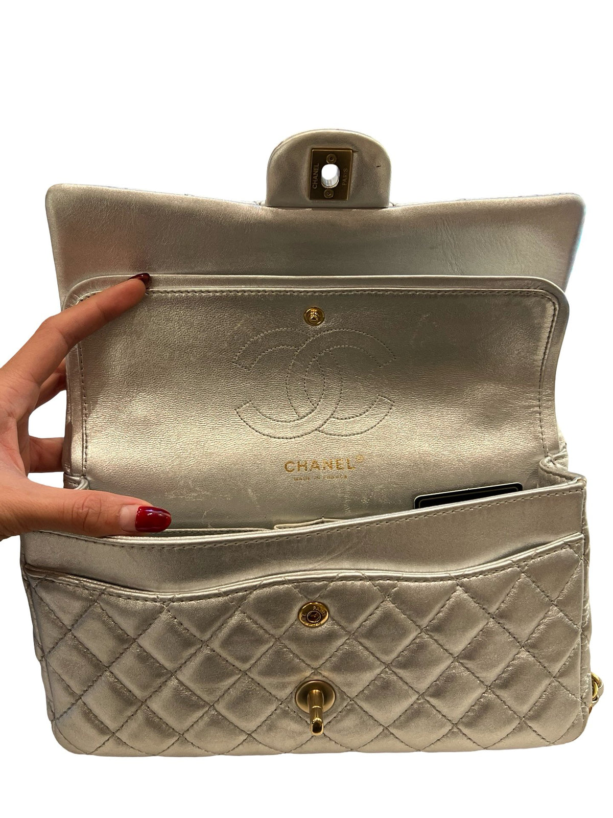CHANEL Metallic Lambskin Classic Flap Shoulder Bag Silver Gold Hardware Ch2296