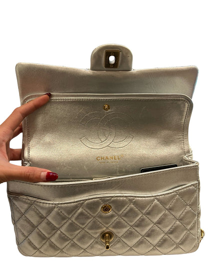 CHANEL Metallic Lambskin Classic Flap Shoulder Bag Silver Gold Hardware Ch2296