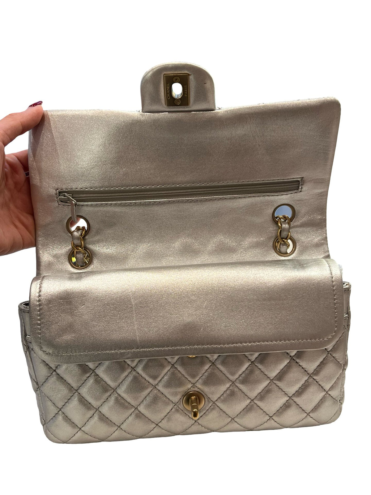 CHANEL Metallic Lambskin Classic Flap Shoulder Bag Silver Gold Hardware Ch2296