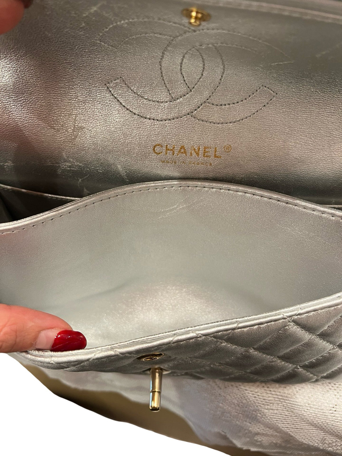 CHANEL Metallic Lambskin Classic Flap Shoulder Bag Silver Gold Hardware Ch2296