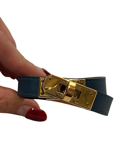 HERMES Leather Kelly Double Tour Bracelet Blue Gold Hardware He498