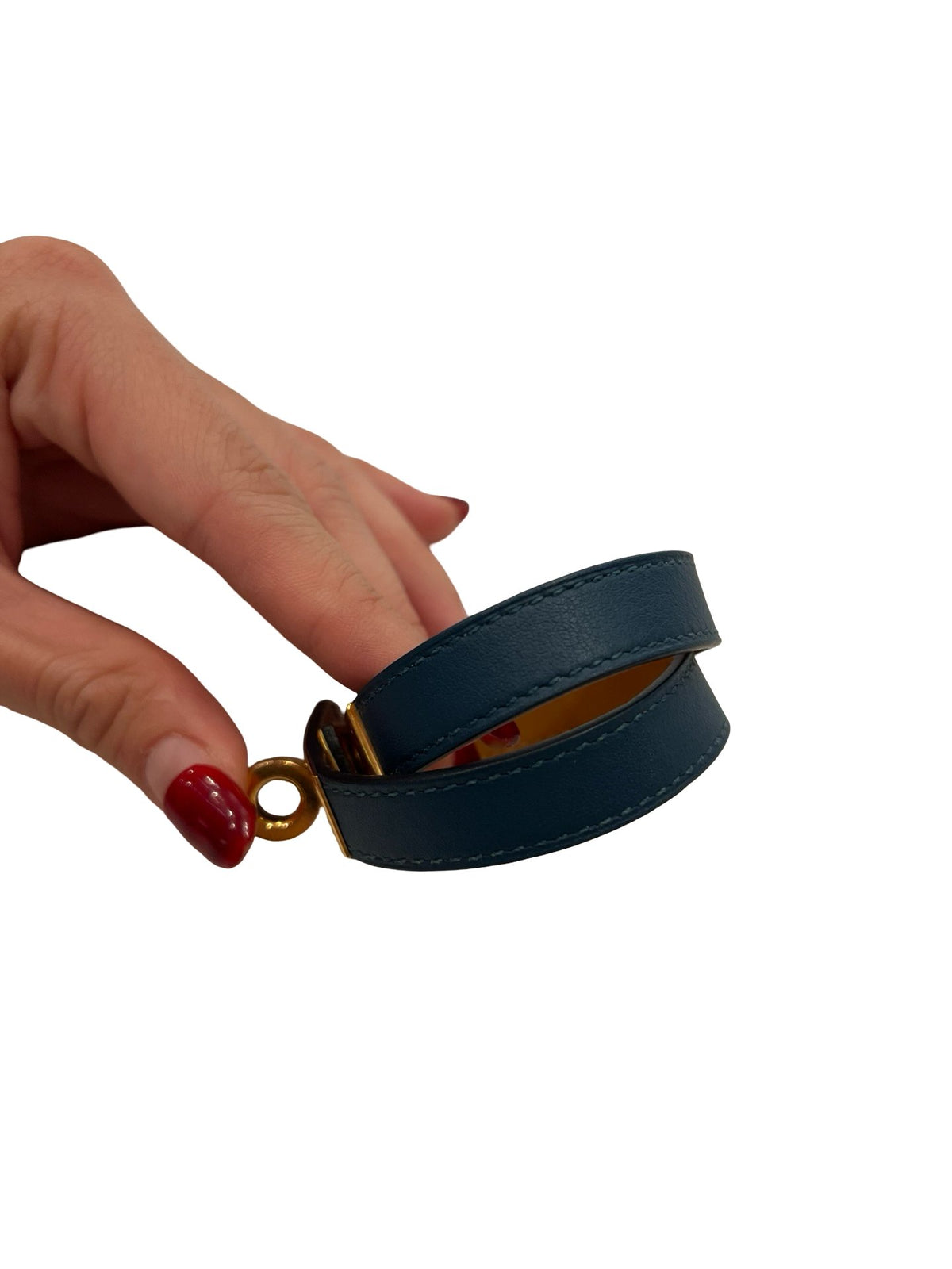HERMES Leather Kelly Double Tour Bracelet Blue Gold Hardware He498