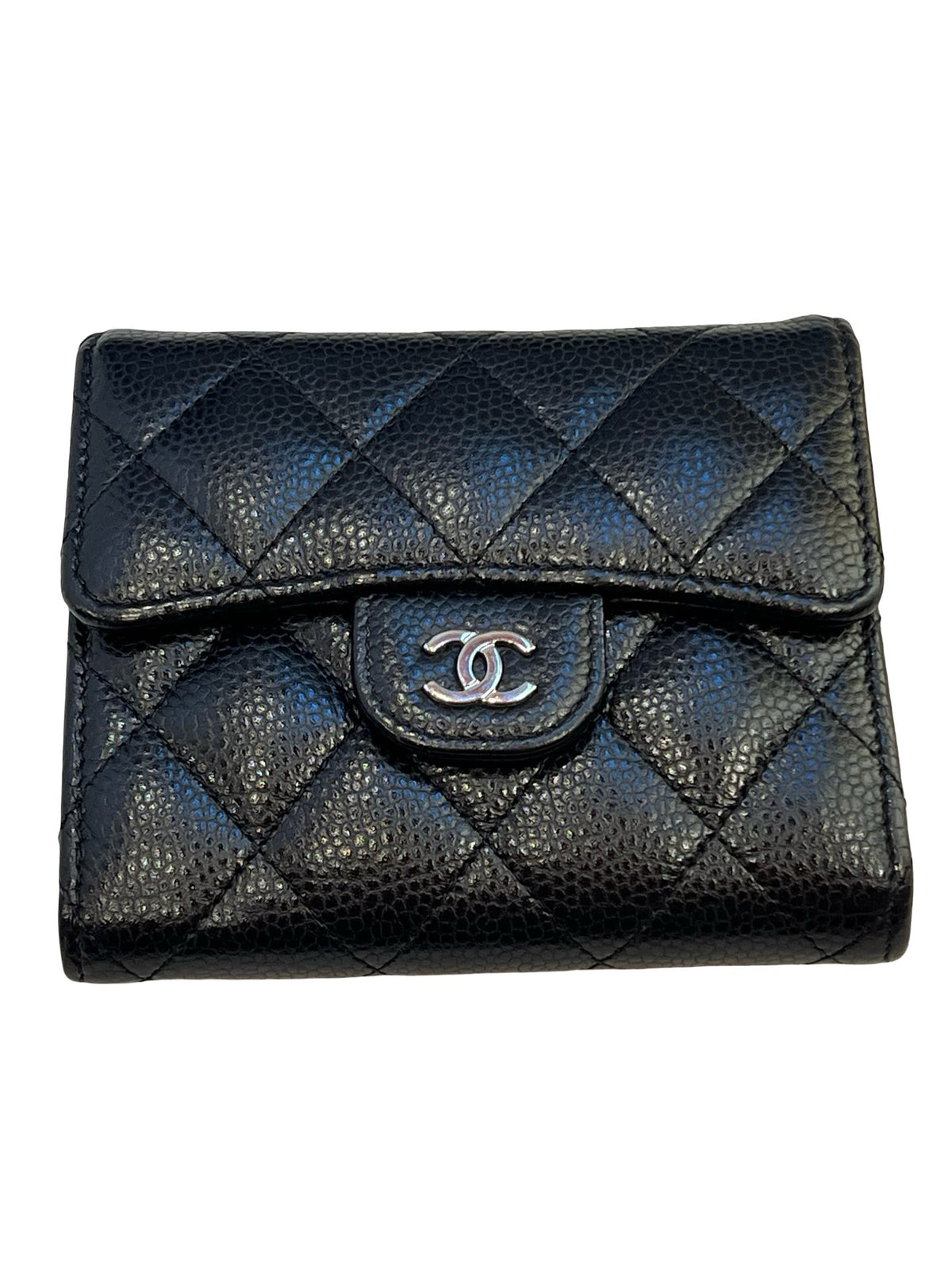 CHANEL Caviar Classic Small Trifold Wallet Wallet Black Silver Hardware Ch2299