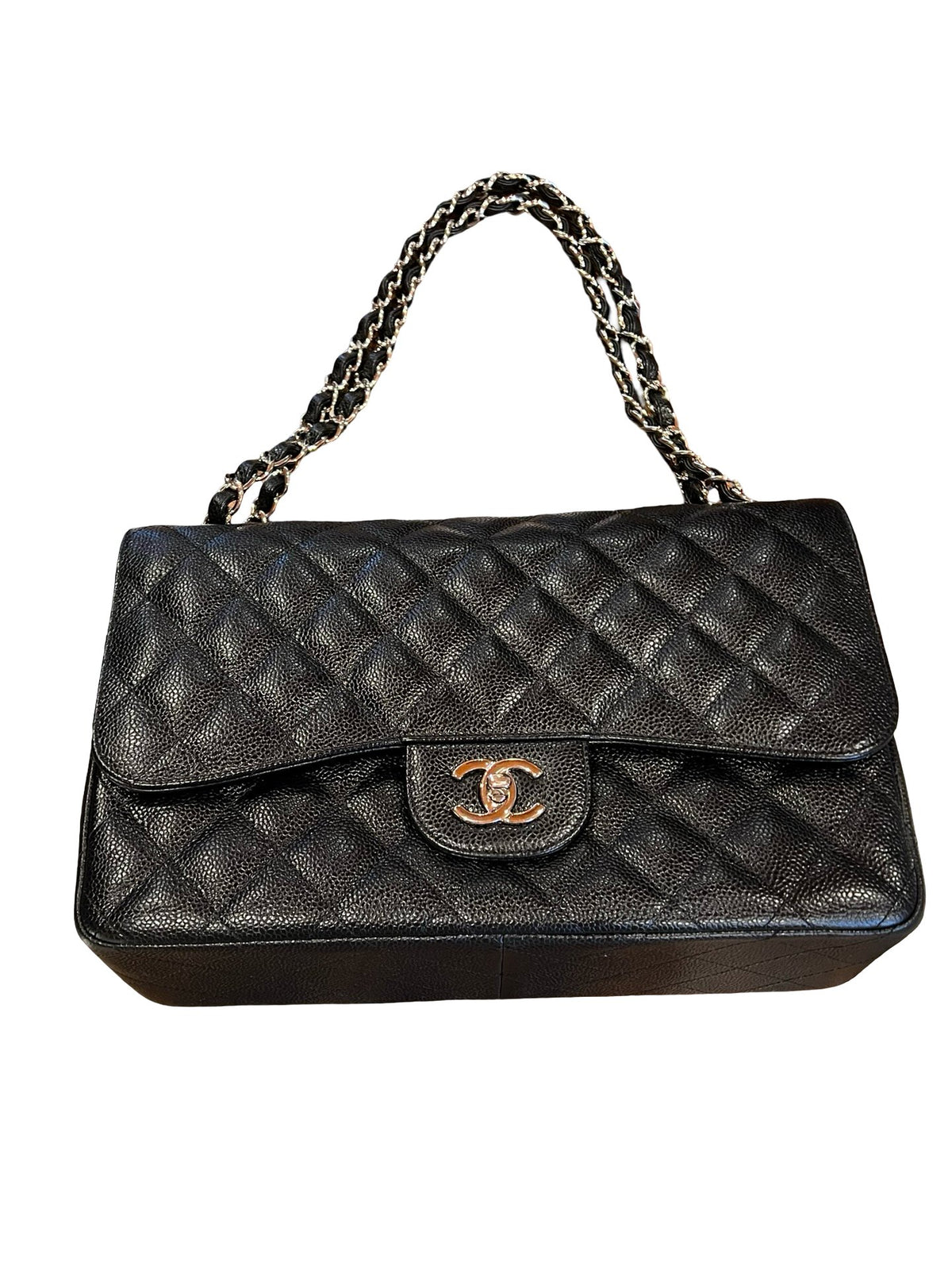CHANEL Caviar Classic Flap Jumbo Shoulder Bag Black Silver Hardware Ch2300