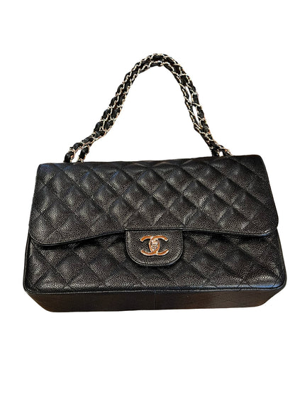 CHANEL Caviar Classic Flap Jumbo Shoulder Bag Black Silver Hardware Ch2300