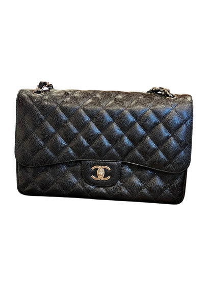 CHANEL Caviar Classic Flap Jumbo Shoulder Bag Black Silver Hardware Ch2300