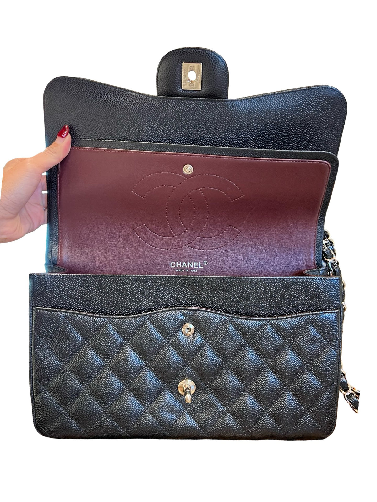 CHANEL Caviar Classic Flap Jumbo Shoulder Bag Black Silver Hardware Ch2300
