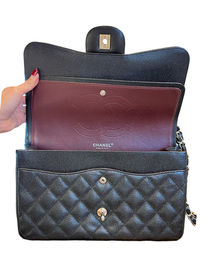 CHANEL Caviar Classic Flap Jumbo Shoulder Bag Black Silver Hardware Ch2300