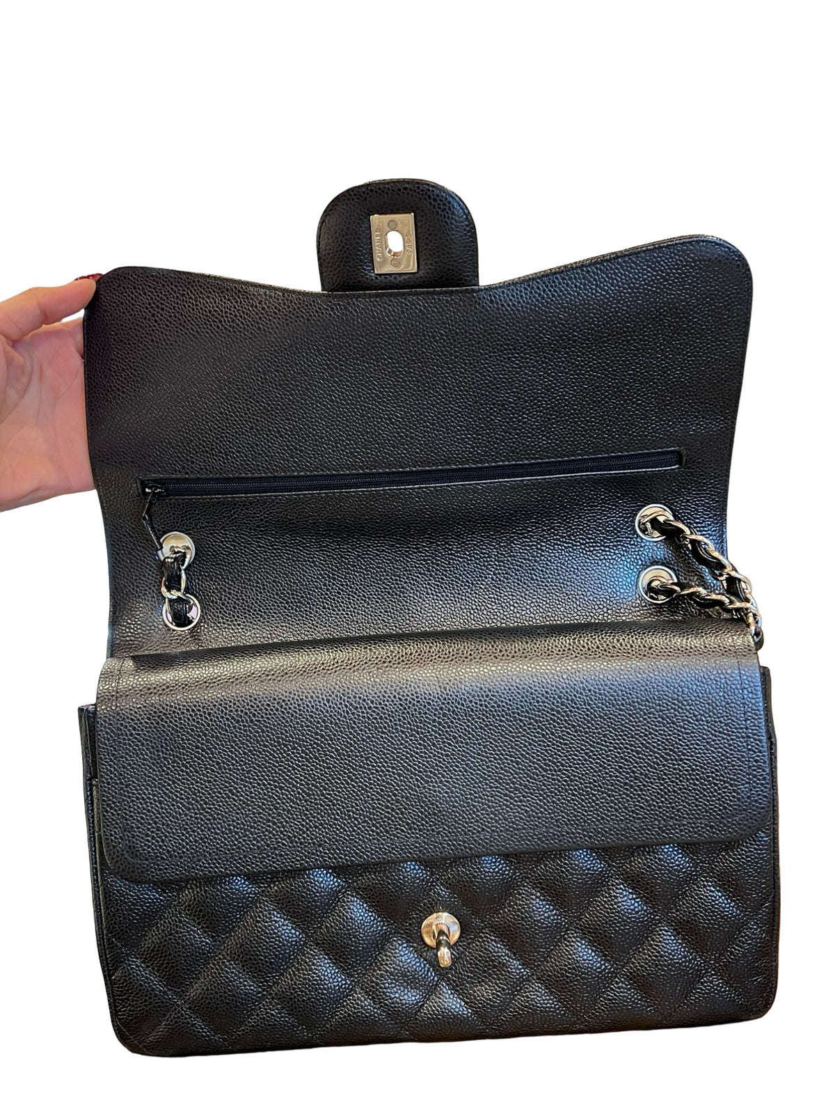 CHANEL Caviar Classic Flap Jumbo Shoulder Bag Black Silver Hardware Ch2300