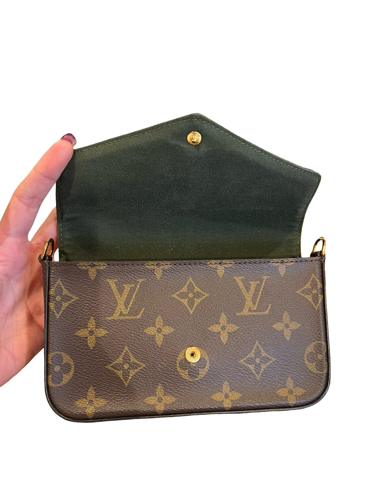 NJ Monogram Canvas Felicie Strap & Go Shoulder Bag Brown, Khaki Gold Hardware Nj189