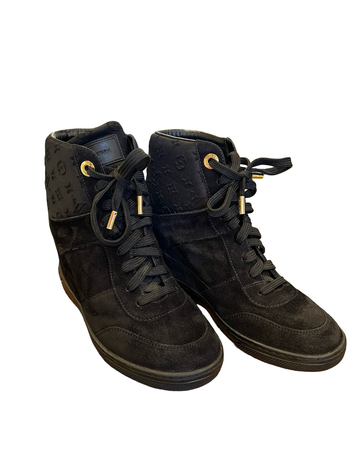 NJ Suede Monogram High-Top Wedge Sneaker Black Gold Hardware Nj182