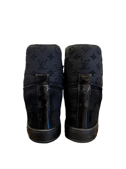 NJ Suede Monogram High-Top Wedge Sneaker Black Gold Hardware Nj182