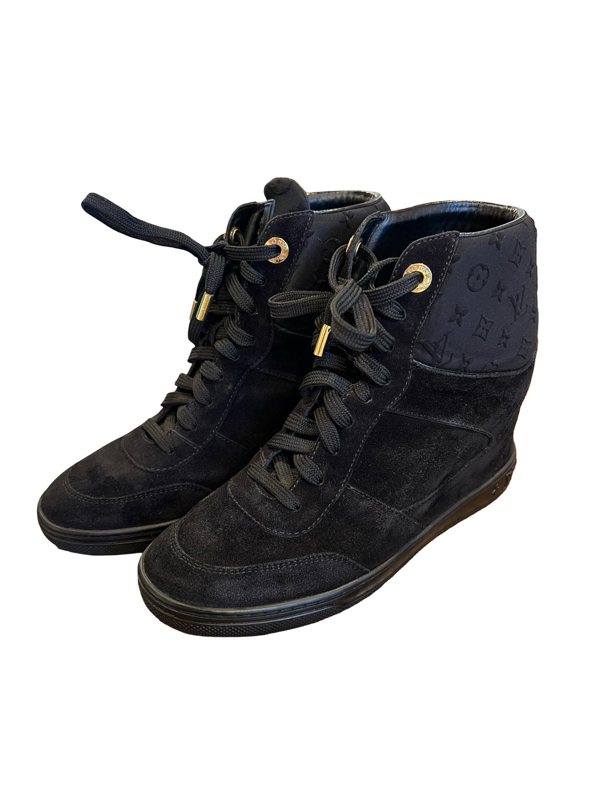 NJ Suede Monogram High-Top Wedge Sneaker Black Gold Hardware Nj182