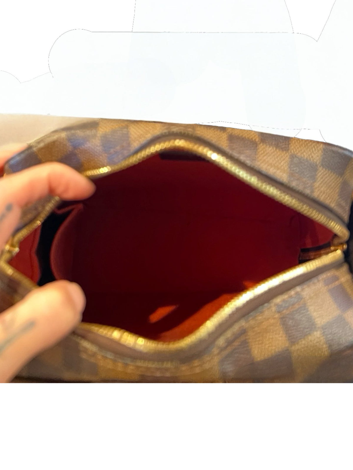 LOUIS VUITTON Damier Ebene Olav PM Shoulder Bag Brown, Red Gold Hardware Lo2388