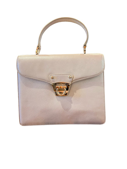 NJ Saffiano Gancini Top Handle Bag Handbag Light Taupe Gold Hardware Nj179
